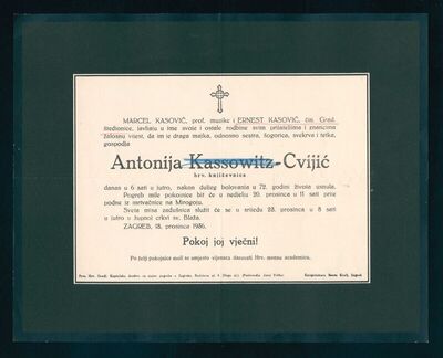 Osmrtnica Antonije Kassowitz-Cvijić