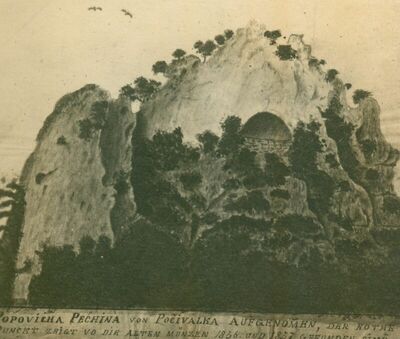 Popovića pećina - zazidani zbjeg, akvarel Omčikusa iz 1860. 