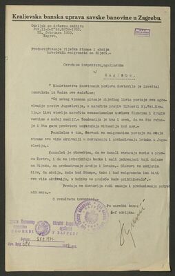 Kraljevska banska uprava Savske banovine u Zagrebu izvještav