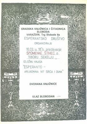 Predavanje Spomenke Štimac o Tiboru Sekelju, 16.3.1990.