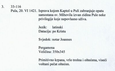 Isprava kojom Kaptol u Puli zabranjuje opatu samostana sv. M