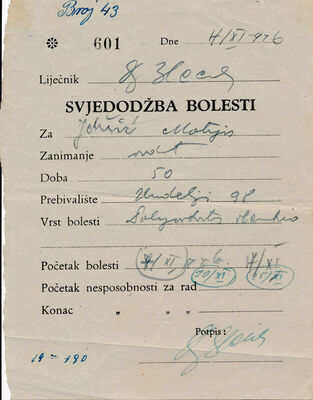 Svjedodžba bolesti Matije Jelušića