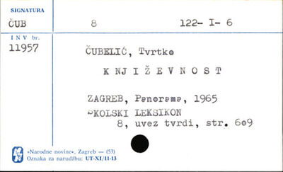 Književnost / Tvrtko Čubelić.