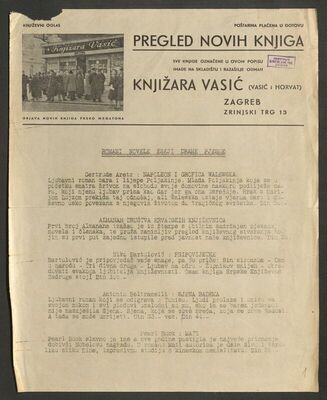 "Knjižara Vasić i Horvat" u Zagrebu, oglas i pregled novih k