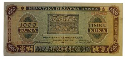 Novčanica, 1000 kuna,NDH- HRVATSKA DRŽAVNA BANKA ZAGREB, 194