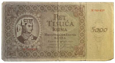 Novčanica, 5000 kuna, HRVAT. DRŽAV. BANKA, ZAGREB,1943.