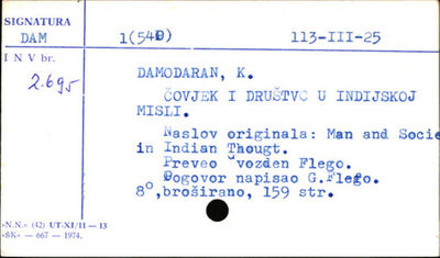 Čovjek i društvo u indijskoj misli / K. Damodaran ; [preveo 