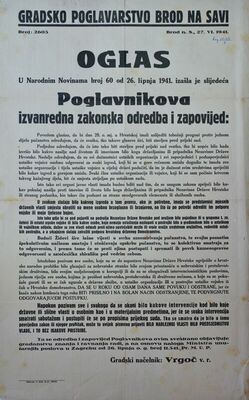 Oglas Gradskog poglavarstva Broda na Savi povodom Pavelićeve
