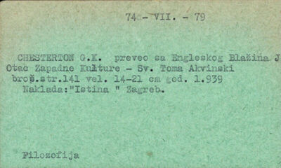 Otac zapadne kulture Sv. Toma Akvinski / G. K. Chesterton ; 