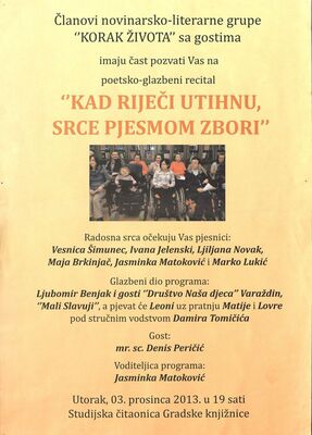 Poetsko-glazbeni recital ˝Kad riječi utihnu, srce pjesmom zb