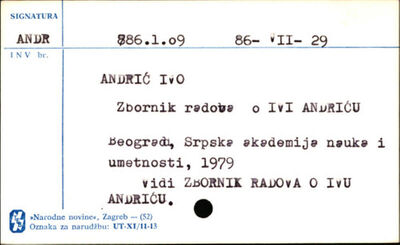Zbornik radova o Ivi Andriću : primljeno na VI skupu Odeljen