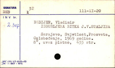 Izgubljena bitka J. V. Staljina / Vladimir Dedijer.