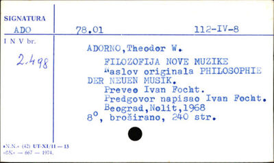 Filozofija nove muzike / Theodor W. Adorno ; [preveo Ivan Fo