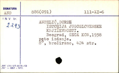 Istorija jugoslovenske književnosti / Đorđr Anđelić.