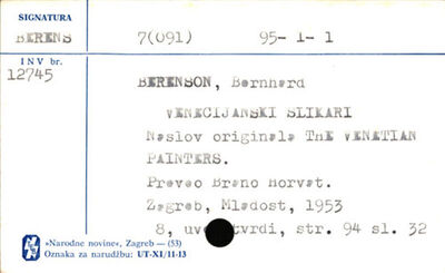 Venecijanski slikari / Bernhard Berenson ; [prev. Brano Horv