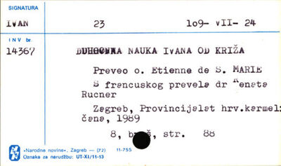 Duhovna nauka Ivana od Križa / [s francuskog prevela Renata 