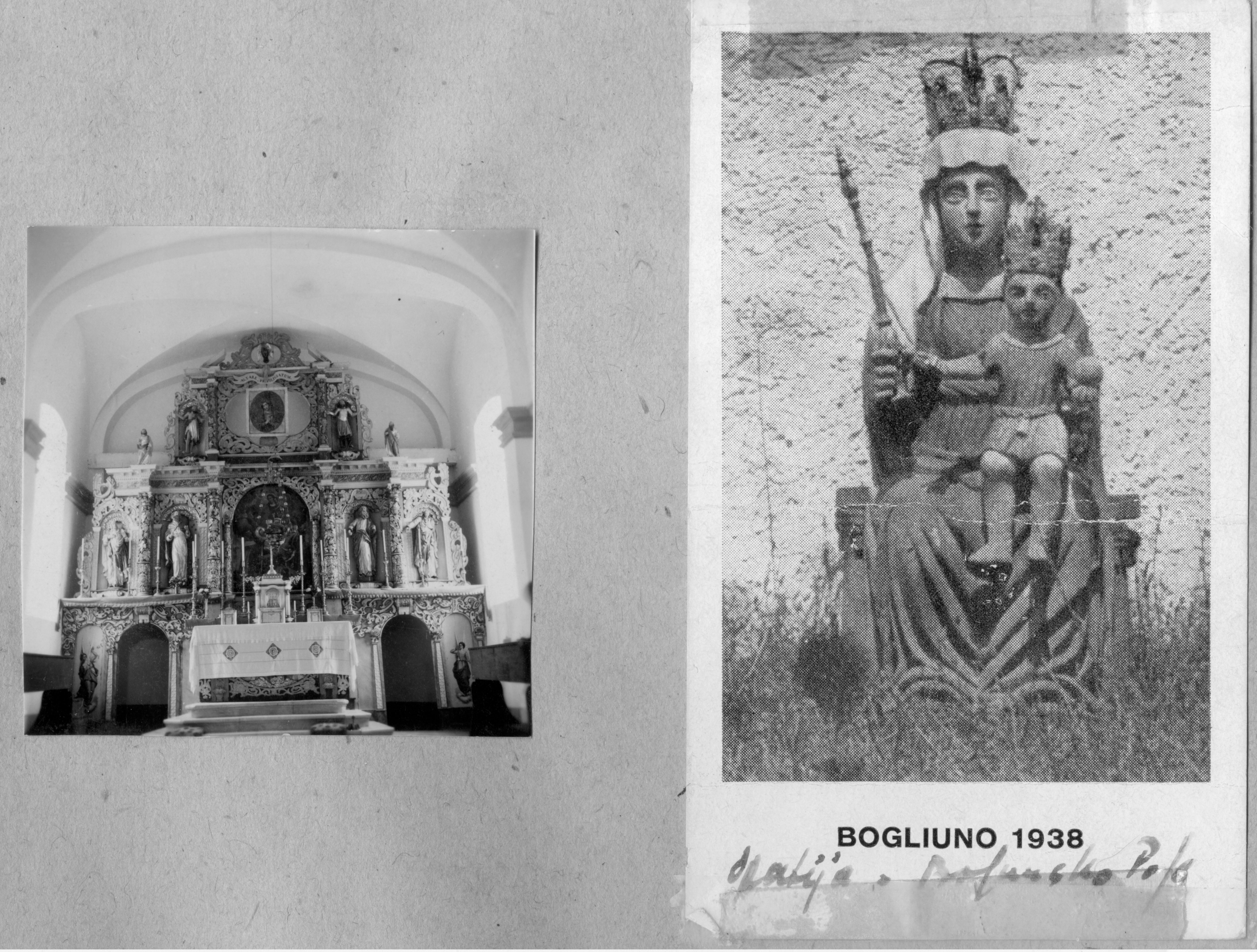 Branko Fučić, Boljunsko polje (Lupoglav), crkva sv. Marije od Karmela, unutrašnjost, pogled prema oltaru: drveni, tipa „zlatnih oltara“, građen 1672. godine te naknadno, 1897. godine obojan rukom ljubljanskog dekoratera