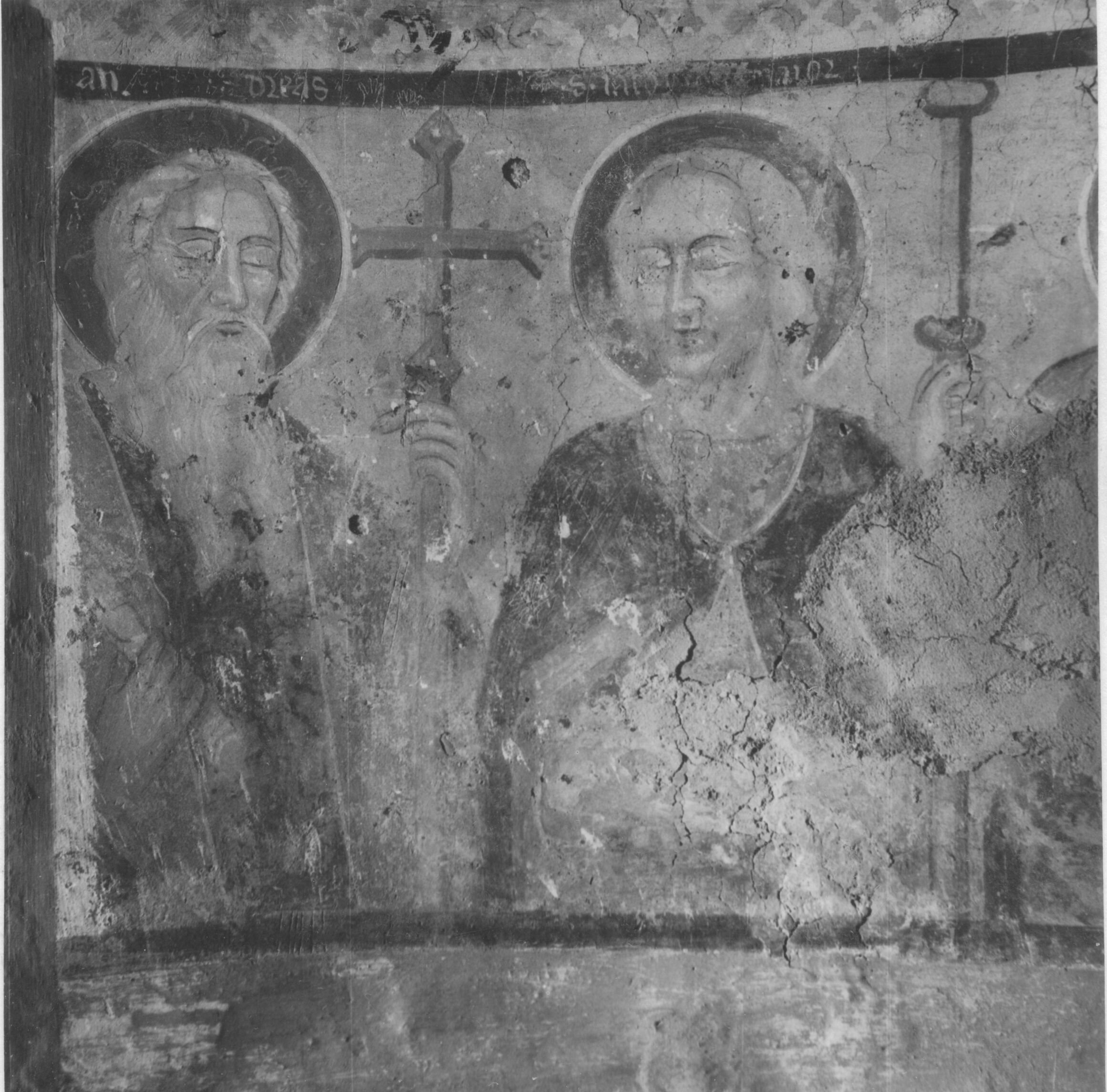 Branko Fučić, Sorbar (Buje), crkva sv. Petra, unutrašnjost: detalj freske u donjoj zoni apside: sv. Andrija i sv. Jakov stariji; talijanska škola, oko 1400. godine