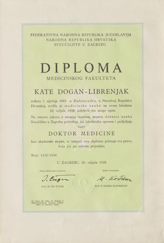 Diploma doktorice medicine Kate Dogan-Librenjak