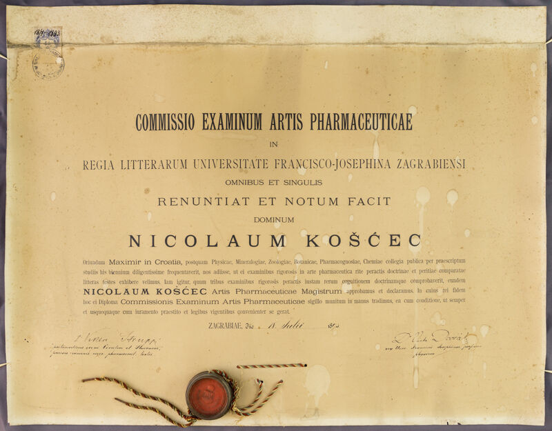 Diploma magistra farmacije Nikole Košćeca