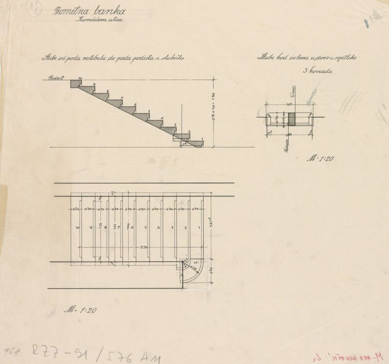 Stambena zgrada Hrvatske banke za promet nekretninama, stubište/od poda vestibula do poda podesta u stubištu: 1. tlocrt, 2. presjek