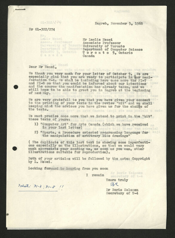 Korespondencija Boris Kelemen - Leslie Mezei (Department of Computer Science, University of Toronto, Kanada) - T4