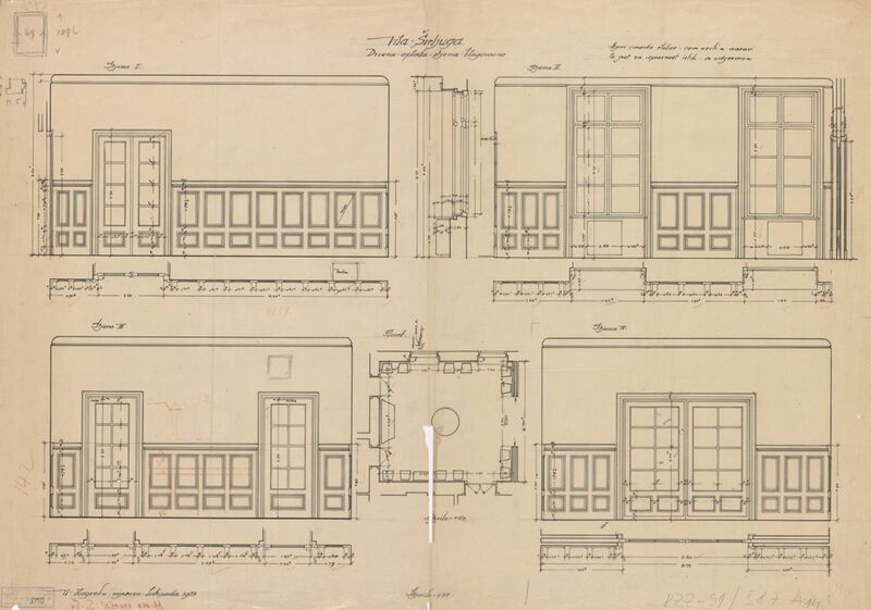 Vila dr. Stanka Šverljuge, projekt uređenja, blagovaona/drvena oplata: 1. stijena I., 2. stijena II., 3. stijena III., 4. stijena IV.