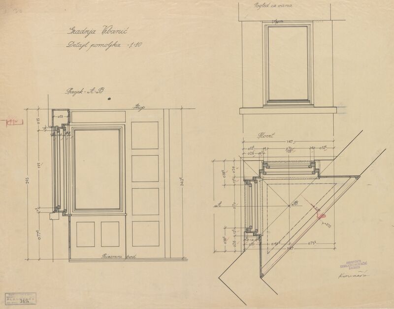 Vila Vrbanić, drvena oplata/detalj pomoljka: 1. pogled, 2. presjek A-B, 3. tlocrt