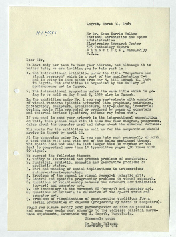 Pismo Boris Kelemen, za: Evan Harris Walker (National Aeronautics and Space, Electronics Research Center, Cambridge, Massachusetts, SAD)