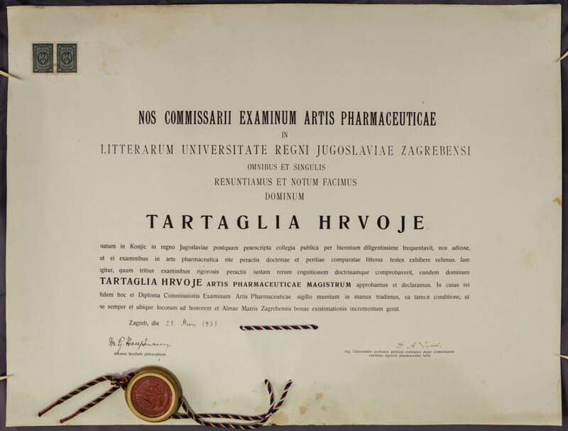 Diploma magistra farmacije Hrvoja Tartalje