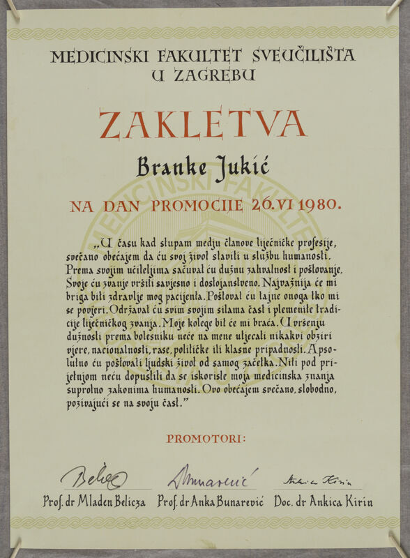 Zakletva Branke Jukić na dan promocije 26. VI 1980.