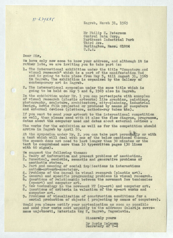 Pismo Boris Kelemen, za: Philip H. Peterson (Control Data Corp., Burlington, Massachusetts, SAD)