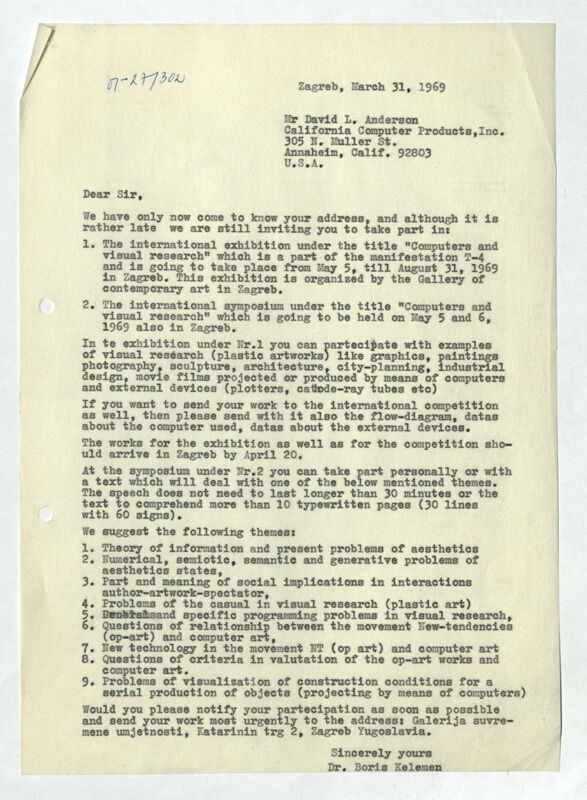 Pismo Boris Kelemen, za: David L. Anderson (California Computer Products, Inc., Anaheim, Kalifornija, SAD)
