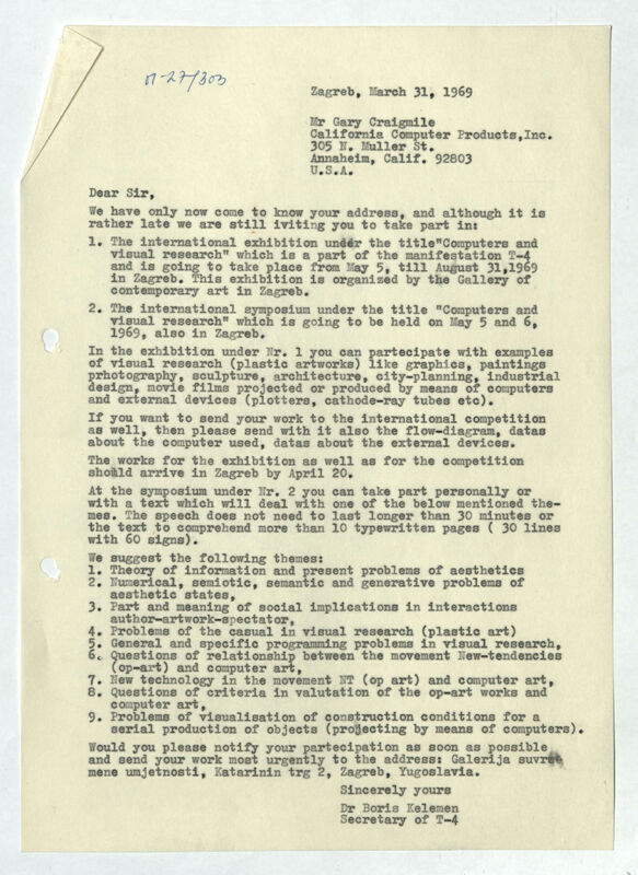 Pismo Boris Kelemen, za: Gary Craigmile (California Computer Products,Inc., Anaheim, Kalifornija, SAD)
