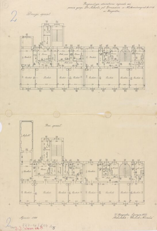 Stambena kuća Nikole pl. Tomašića, projekt pregradnje, tlocrti: 1. prvi kat, 2. drugi kat