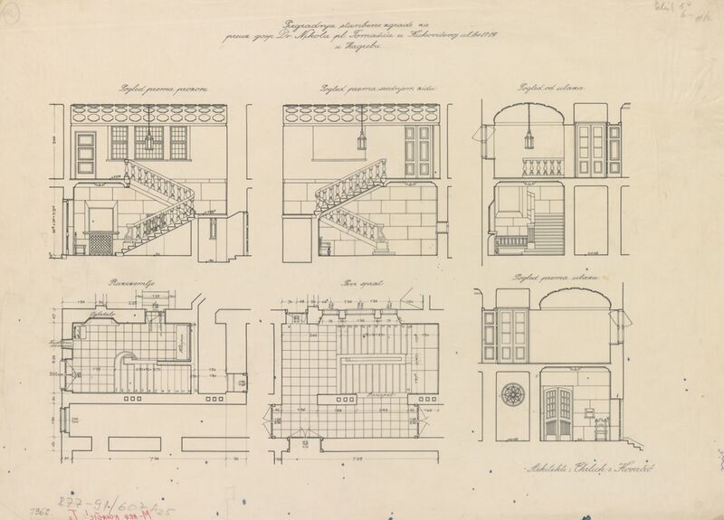 Stambena kuća Nikole pl. Tomašića, projekt pregradnje, stubišta: 1. pogledi, 2. tlocrti, 3. presjeci