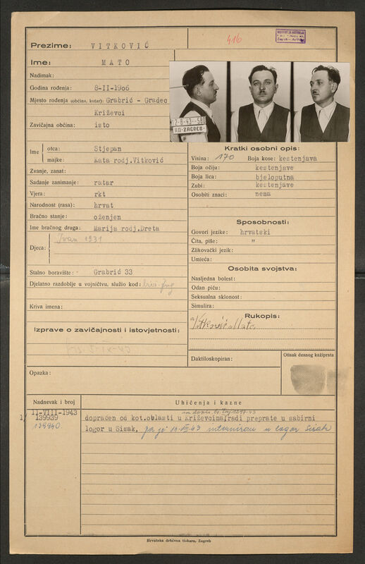 Vitković, Mato, 8.2.1906. Policijski karton