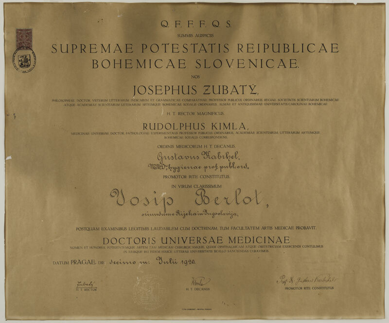 Diploma doktora medicine Josipa Berlota