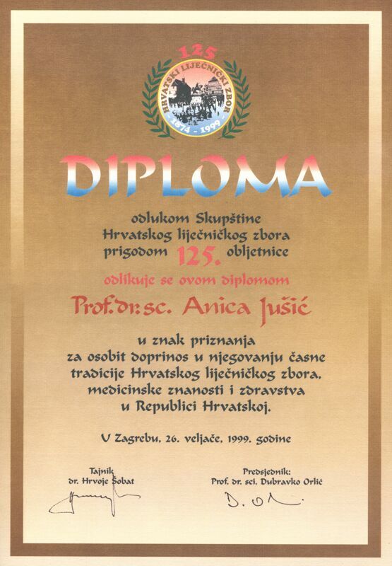 Diploma Hrvatskog liječničkog zbora Anici Jušić prigodom 125. obljetnice HLZ-a