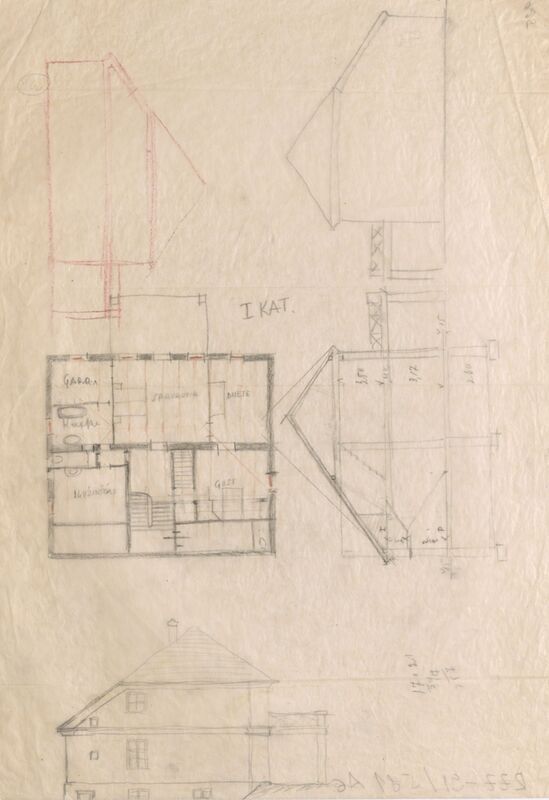 Vila Auer, skica pročelja, tlocrta I. kata i presjeka