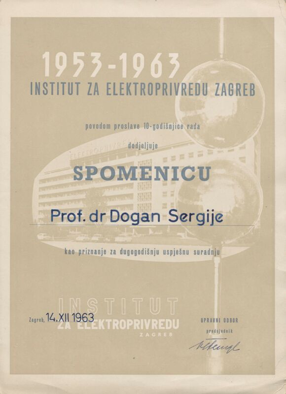 Spomenica Instituta za elektroprivredu Zagreb prof. dr. Sergiju Doganu
