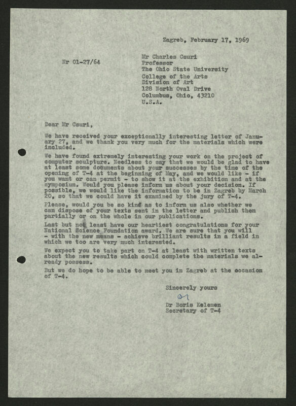 Korespondencija Boris Kelemen - Charles Csuri (The Ohio State University, College of the Arts, Division of Art, Columbus, Ohio, SAD) - T4