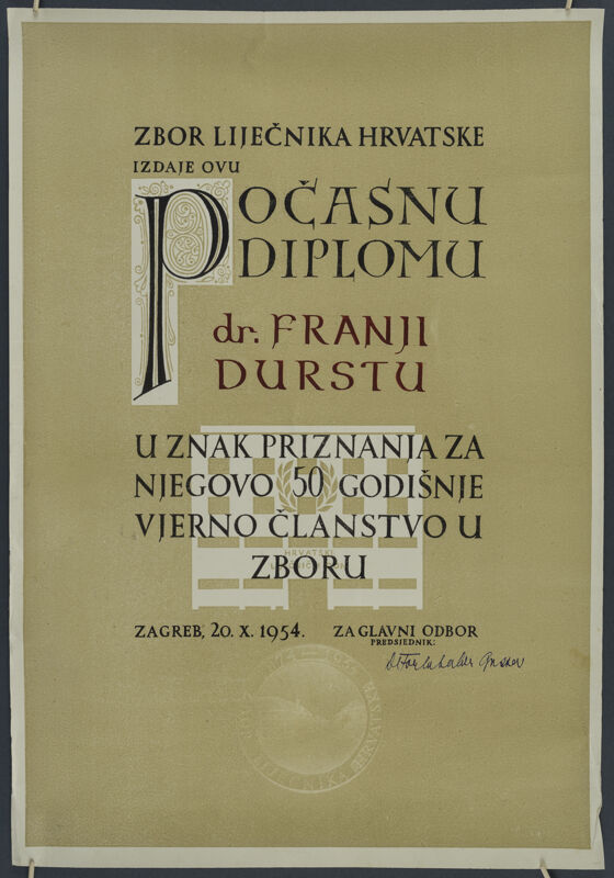 Počasna diploma Zbora liječnika Hrvatske dr. Franji Durstu