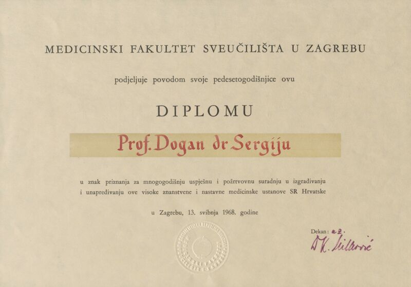 Diploma prof. dr. Sergiju Doganu u povodu 50. obljetnice Medicinskog fakulteta Sveučilišta u Zagrebu
