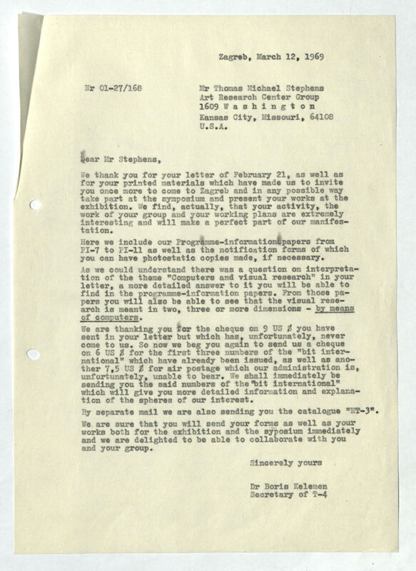 Korespondencija Boris Kelemen - Thomas Michael Stephens (Art Research Center Group, Washington, Kansas City, Missouri, SAD)