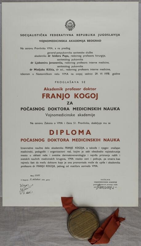 Diploma počasnog doktora medicinskih nauka akademiku Franji Kogoju