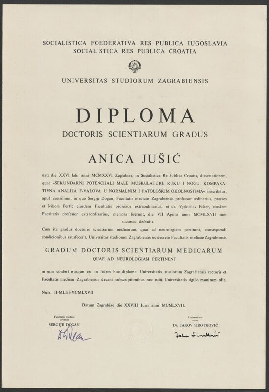 Diploma doctoris scientiarum gradus Anica Jušić