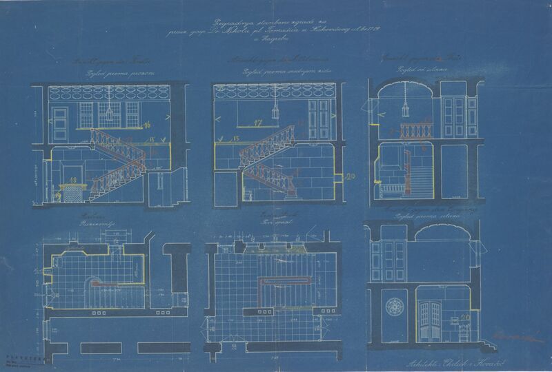 Stambena kuća Nikole pl. Tomašića, projekt pregradnje, stubišta: 1. pogledi, 2. tlocrti, 3. presjeci