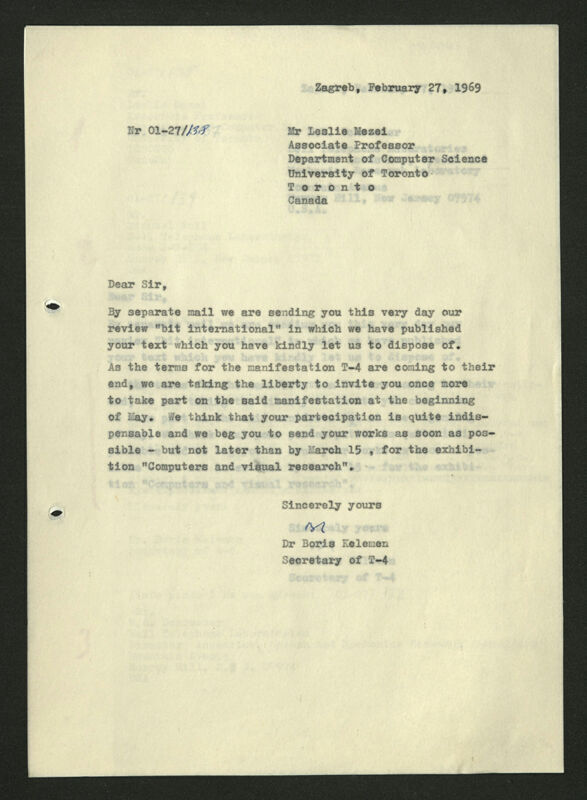 Pismo Boris Kelemen, za: Leslie Mezei (izvanredni profesor, Department of Computer Science, University of Toronto, Kanada)
