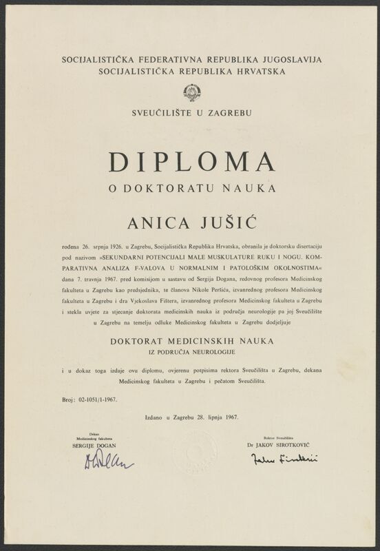 Diploma o doktoratu nauka Anice Jušić